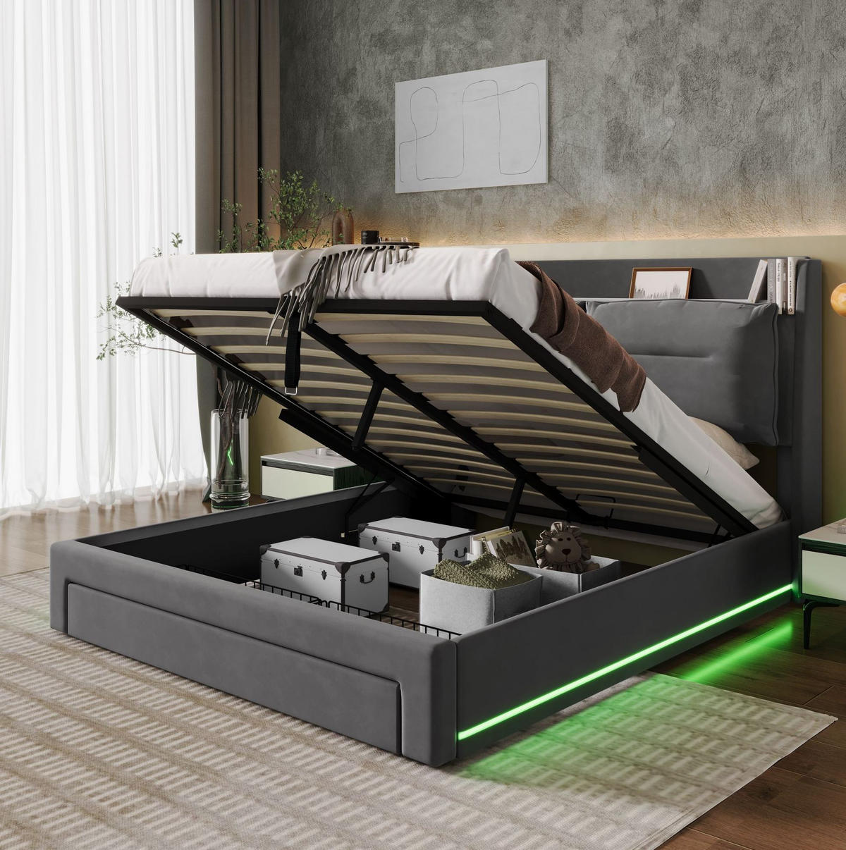 POLSTERBETT 140/190 cm aus Samt mit LED-Beleuchtung, hydraulischem Stauraum und Fußend-Schublade, Dunkelgrau - Grau, Textil (140/190cm) - Redom