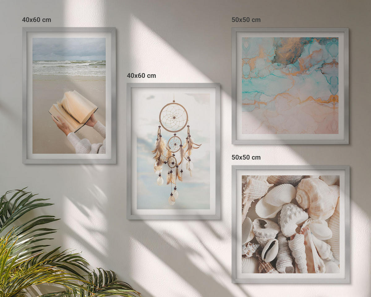 WANDBILDER 4er Set - 50x50 cm & 40x60 cm Silberner Rahmen - Boho-Buch mit Muscheln - Silberfarben, Kunststoff (50/50cm) - ArtPrintCave
