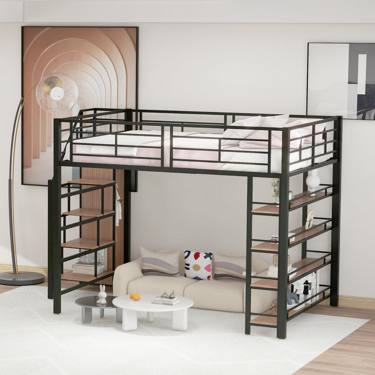 HOCHBETT 140/200 cm mit Stauraumtreppe, Regalen und Kleiderstange, Metall, Schwarz - Schwarz, Metall (140/200cm) - Redom