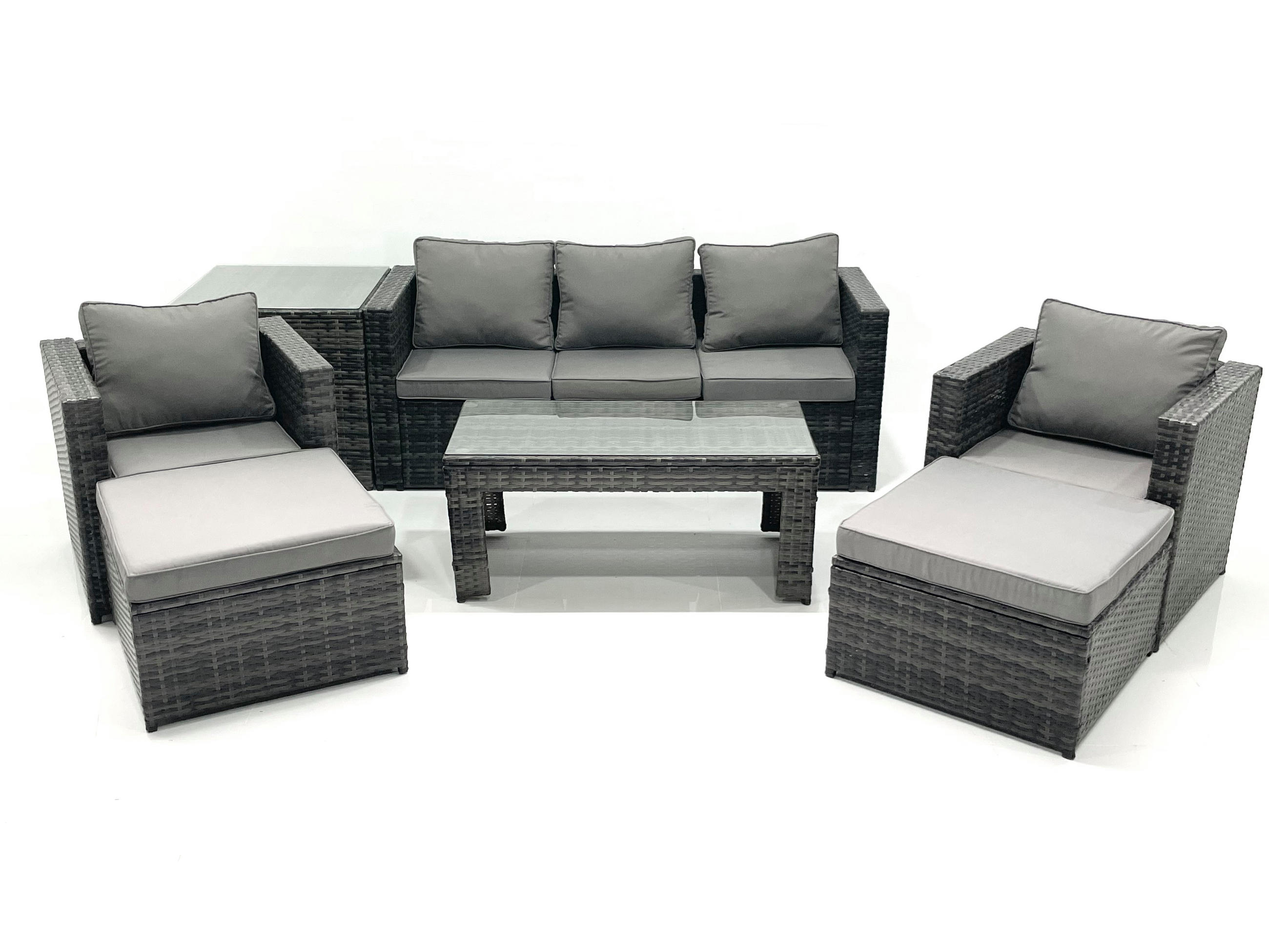 GARTENMÖBEL-SET COUCHTISCH SESSEL SOFA mit HOCKER Polyrattan Dunkelgrau Gemischt 7-Sitzer - Dunkelgrau/Grau, Glas/Kunststoff - Fimous