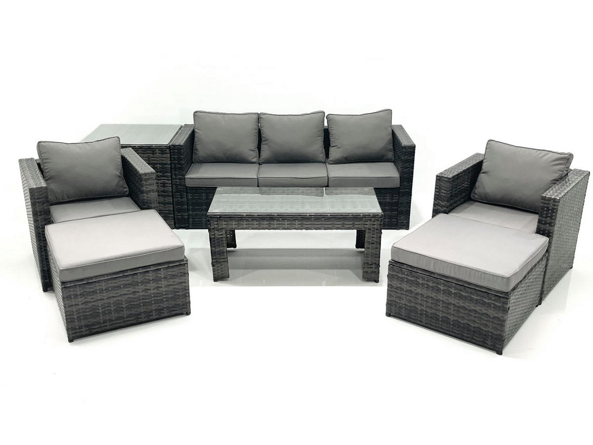GARTENMÖBEL-SET COUCHTISCH SESSEL SOFA mit HOCKER Polyrattan Dunkelgrau Gemischt 7-Sitzer - Dunkelgrau/Grau, Glas/Kunststoff - Fimous