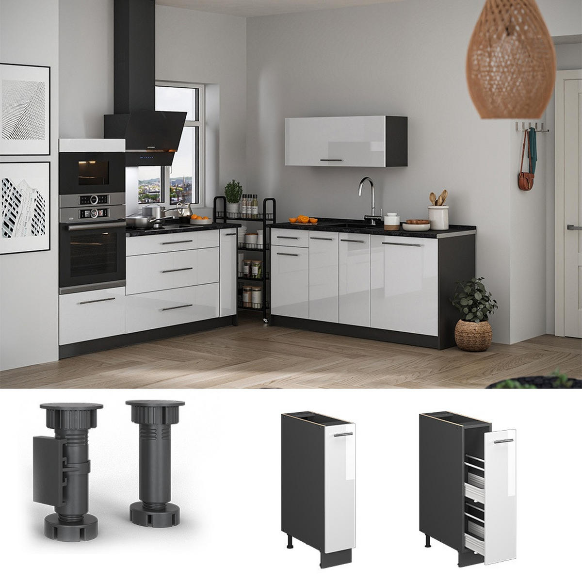 APOTHEKERSCHRANK Fame-Line, Weiß Hochglanz/Anthrazit, 20 cm, AP Marmor - Weiß Hochglanz/Anthrazit, Holzwerkstoff (20/82/60cm) - Vicco
