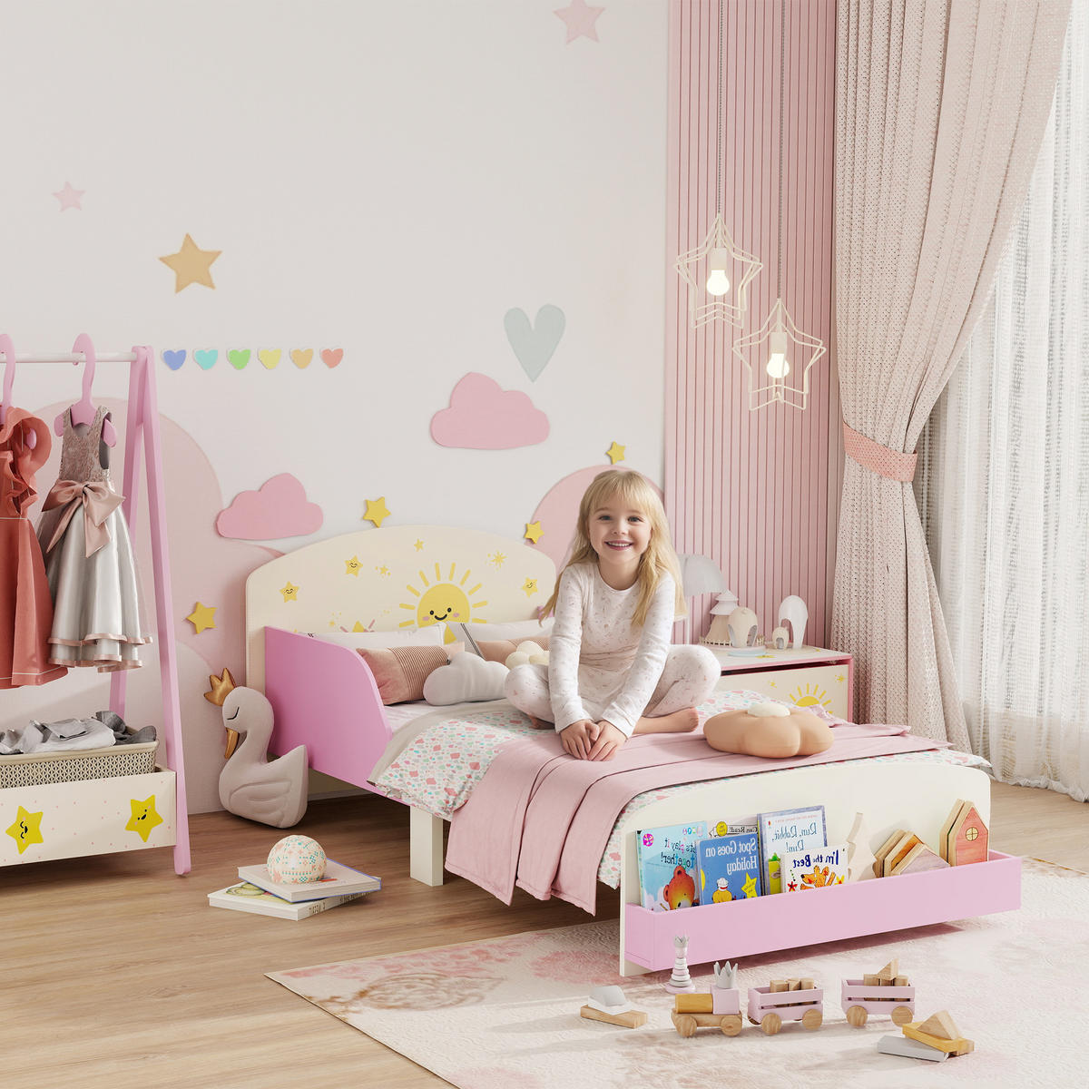 KINDERBETT 140x70 cm DE-14670 mit Schutzbügeln & Stauraum Rosa - Pink, Holzwerkstoff (70/140cm) - ComfortXL