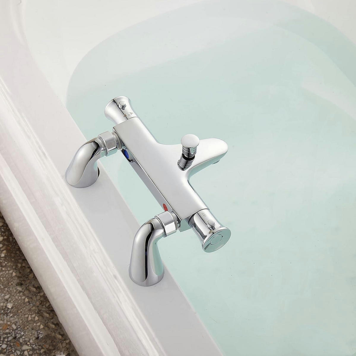 BADEWANNENARMATUR Thermostat Messing Chrom mit 38° Sicherheitstaste und Winkelventilen - Silberfarben, Metall (15/10/18cm)