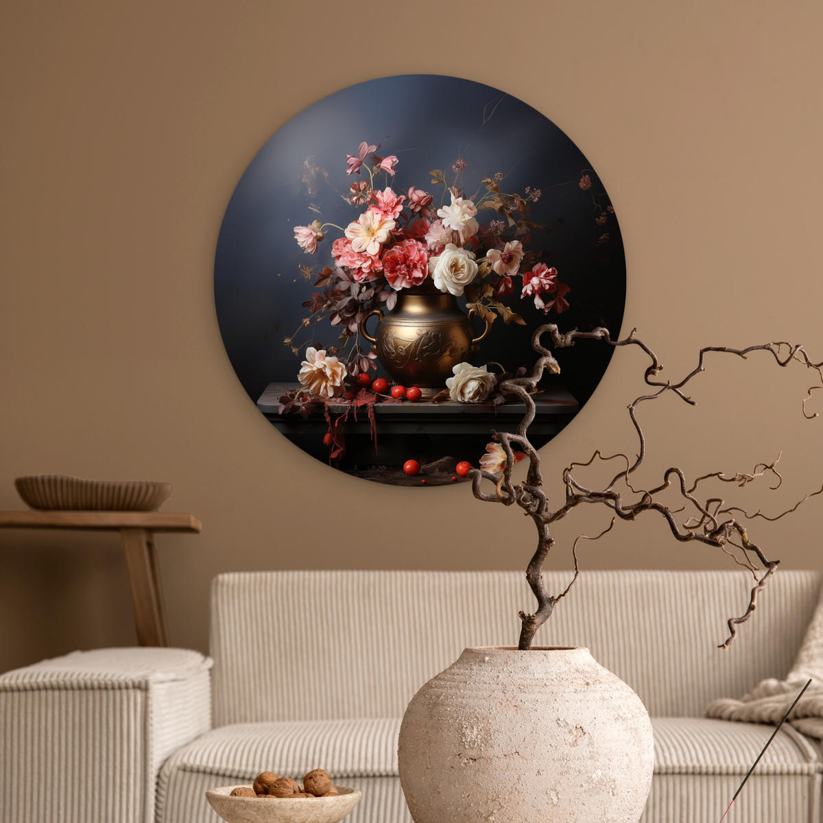 WANDBILD Stilleben - Blumen - Rosen - Blumenstrauß - Vase 60x60 cm - Dunkelbraun, Kunststoff (60/60cm) - MuchoWow