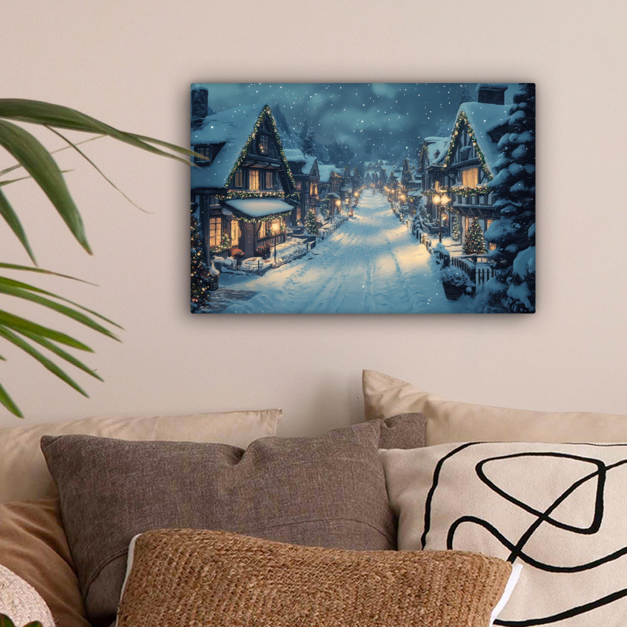 LEINWANDBILD Weihnachtsdorf - Weihnachten - Schnee - Winter 30x20 cm - Dunkelblau, Textil (30/20cm) - MuchoWow