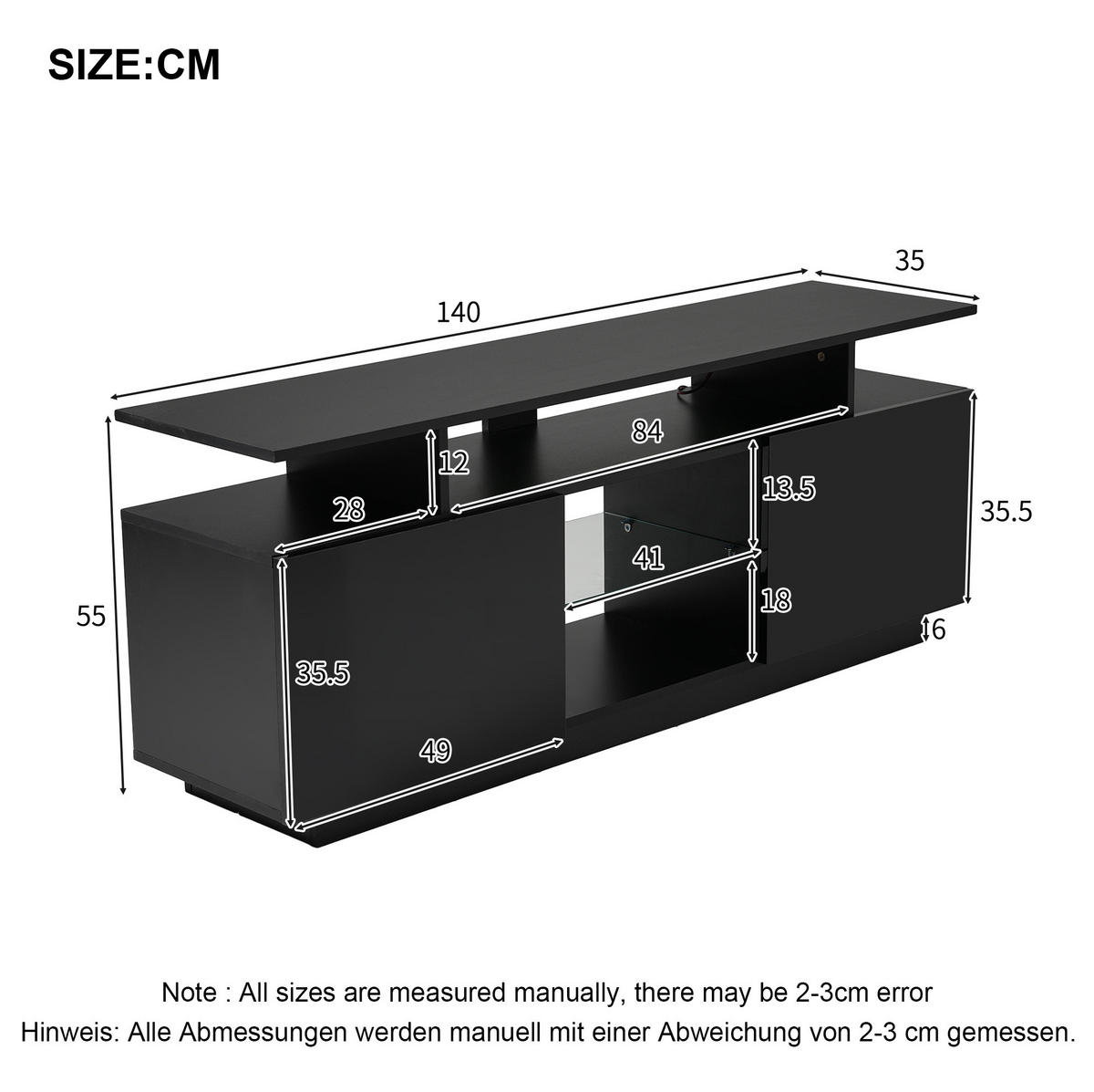 LOWBOARD 140/35/55 cm Schwarz aus Spanplatte mit LED-Beleuchtung - Schwarz, Holzwerkstoff (35/55/140cm) - OKMYHOME