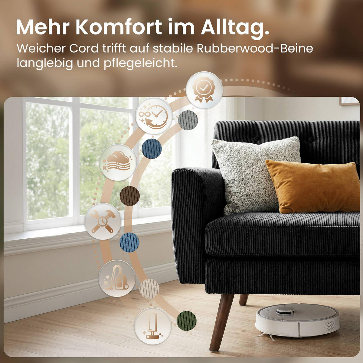 SOFA 120/74 cm Cord Schwarz - Schwarz/Braun, Holz/Textil (120/81/74cm) - CLP