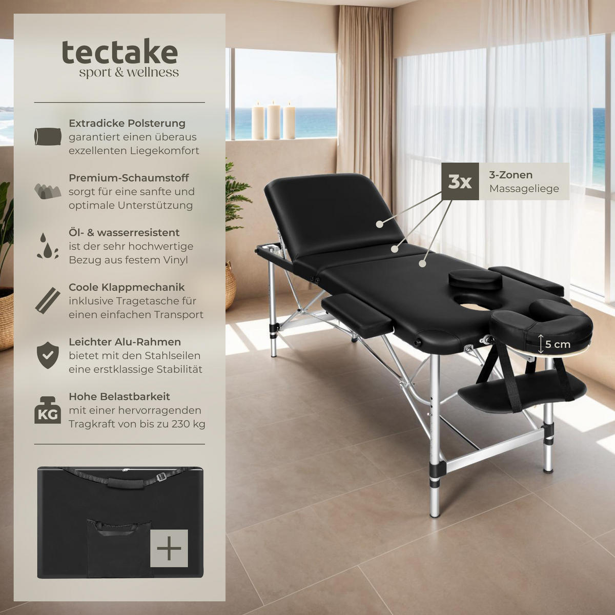 MASSAGELIEGE 3 Zonen, 210 x 95 x 90 cm,schwarz - Schwarz, Metall (61/68/180cm) - tectake