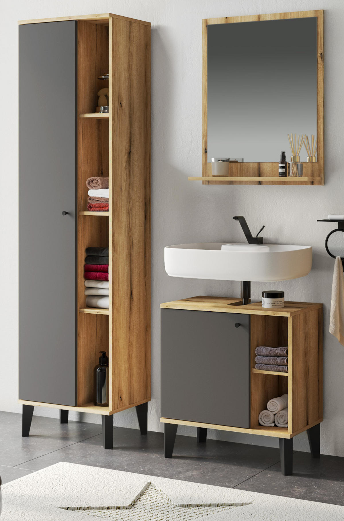 BADMÖBEL-SET 3-teilig grau, Evoke Eiche, Badkombination, 121 x 190 cm - Eichefarben/Grau, Glas/Holzwerkstoff (121/190/33cm) - Furn.Design