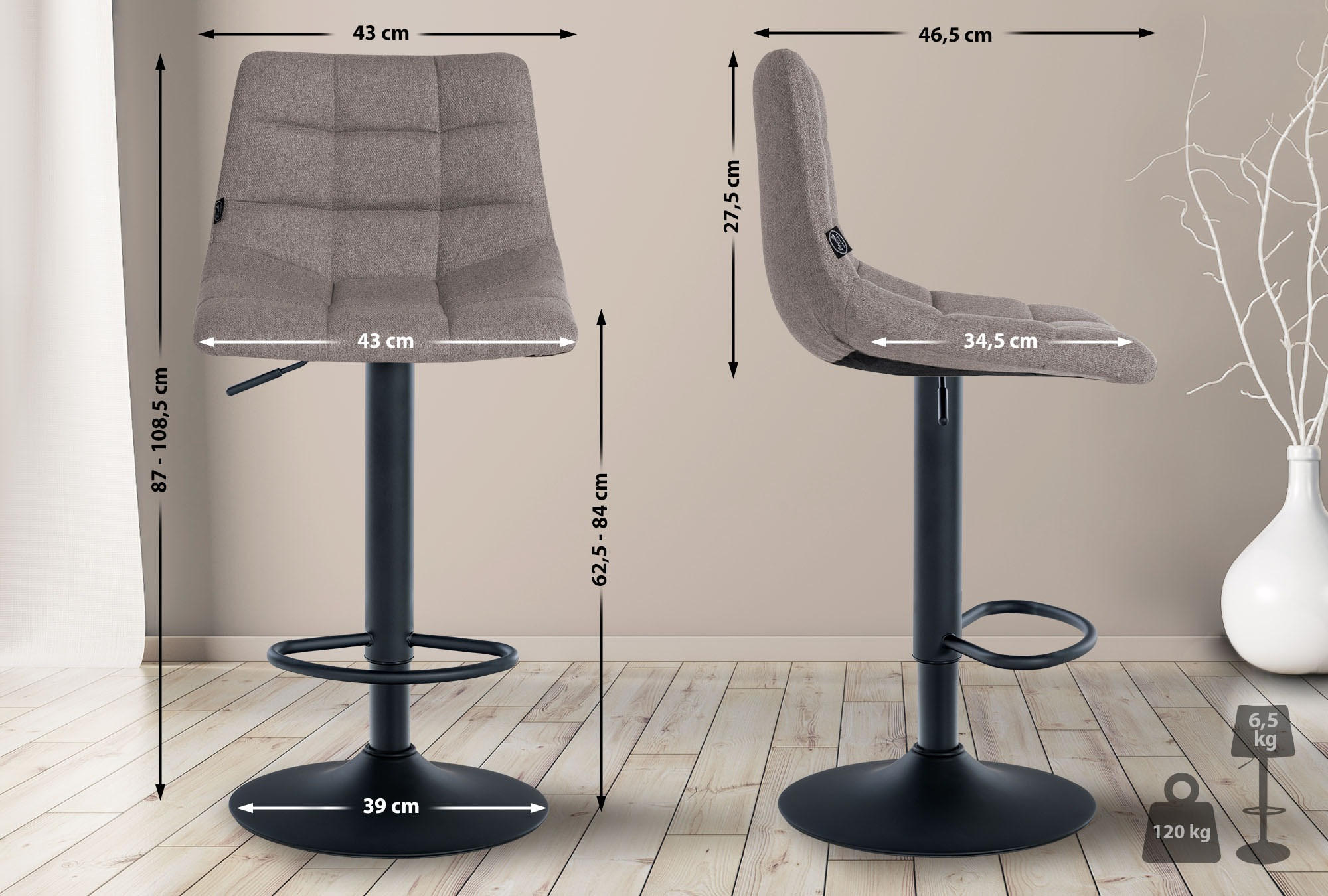 BARHOCKER 2er-Set DUBAI Grau Stoff Schwarz - Grau, Textil/Metall (43/87/46.5cm) - DELUKE