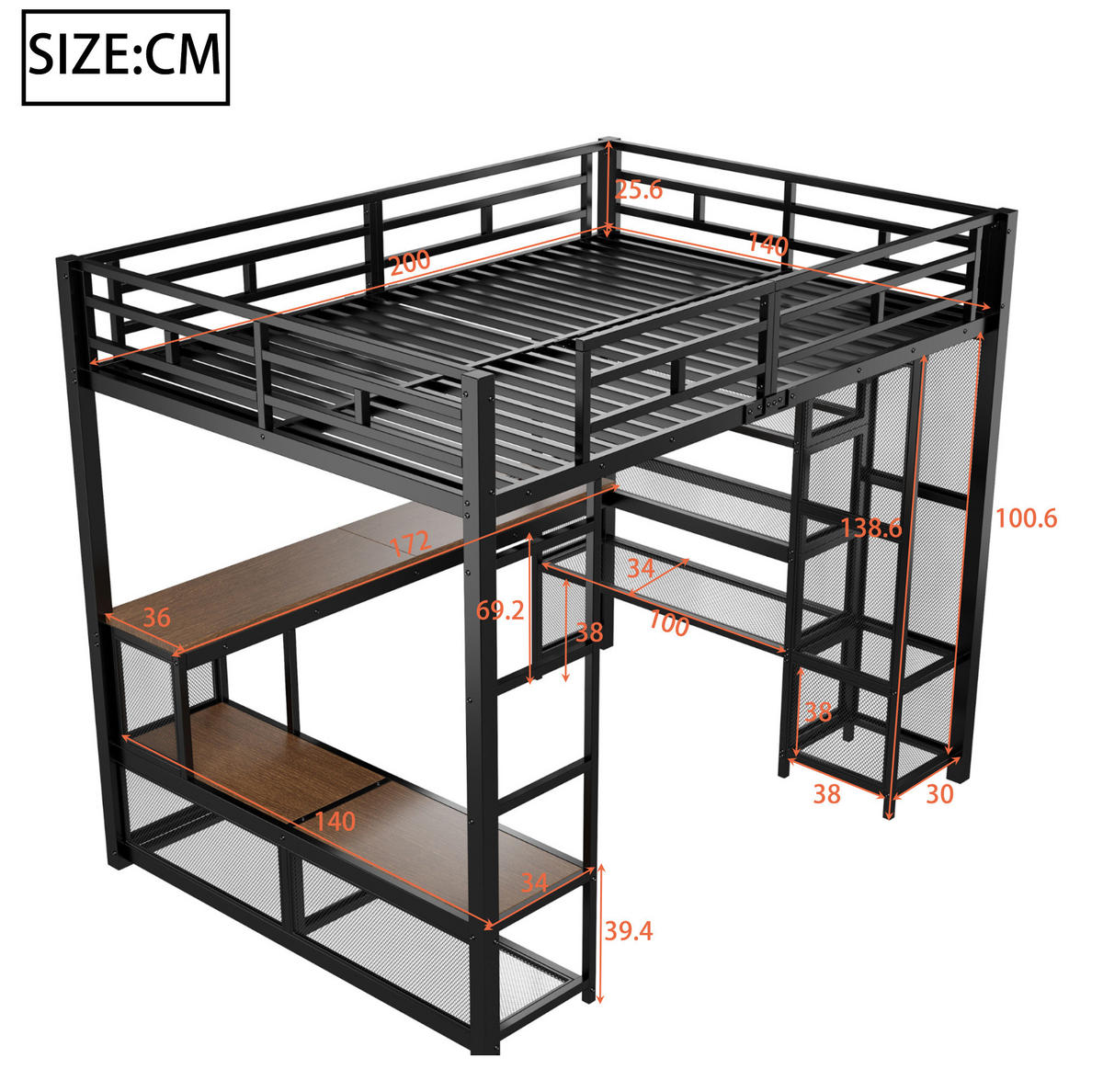 HOCHBETT 140/200 cm aus Metall und MDF mit Schreibtisch Kleiderschrank USB und LED Schwarz - Schwarz, Holzwerkstoff (140/200cm) - Modenvie