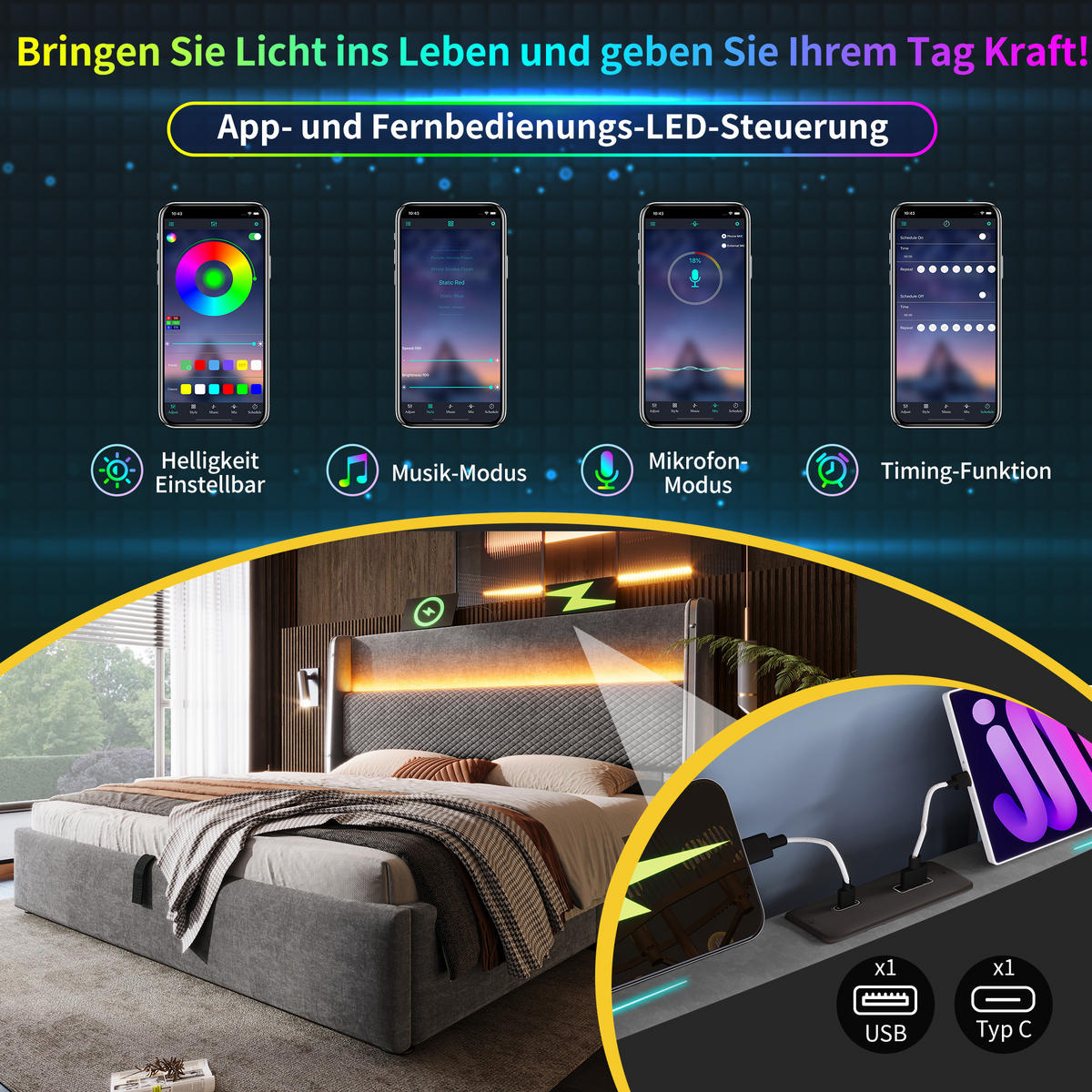 POLSTERBETT 90/200 cm mit LED-Beleuchtung, USB- und Type-C-Anschluss, hydraulischem Stauraum und Matratze, Grau - Grau, Textil (90/200cm) - Redom