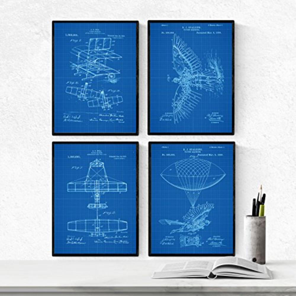 POSTER Set mit 4 Blau Flugzeuge Patent A4 Schwarzer Rahmen - Schwarz, Papier (29.7/3cm) - Nacnic