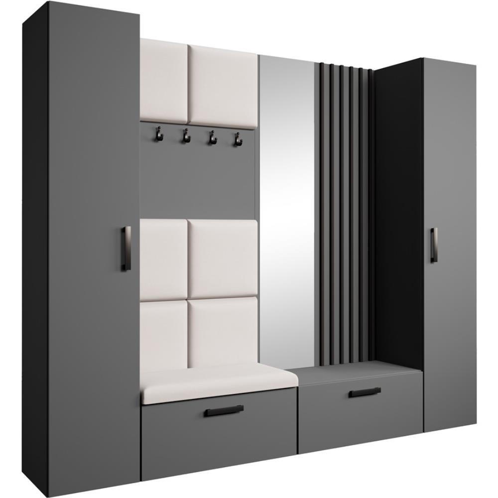 GARDEROBE Margaret XL 242/203/43 mit gepolsterten Paneelen/Lamellen/Spiegel - Beige/Schwarz, Holzwerkstoff/Kunststoff (242/203/43cm) - Beautysofa