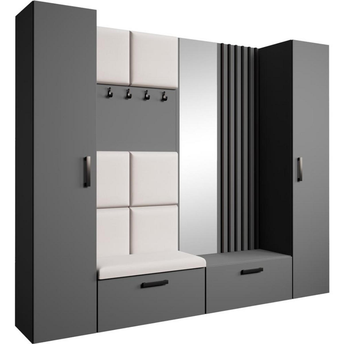 GARDEROBE Margaret XL 242/203/43 mit gepolsterten Paneelen/Lamellen/Spiegel - Beige/Schwarz, Holzwerkstoff/Kunststoff (242/203/43cm) - Beautysofa