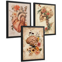 POSTER Set aus 3 Anatomie Mensch Drucke und Wandbilder mit Herz Gehirn und Schädel Vintage Floraler Stil Wanddekoration Größe Schwarzer Rahmen A3 - Schwarz, Papier (29.7/42/3cm) - Nacnic