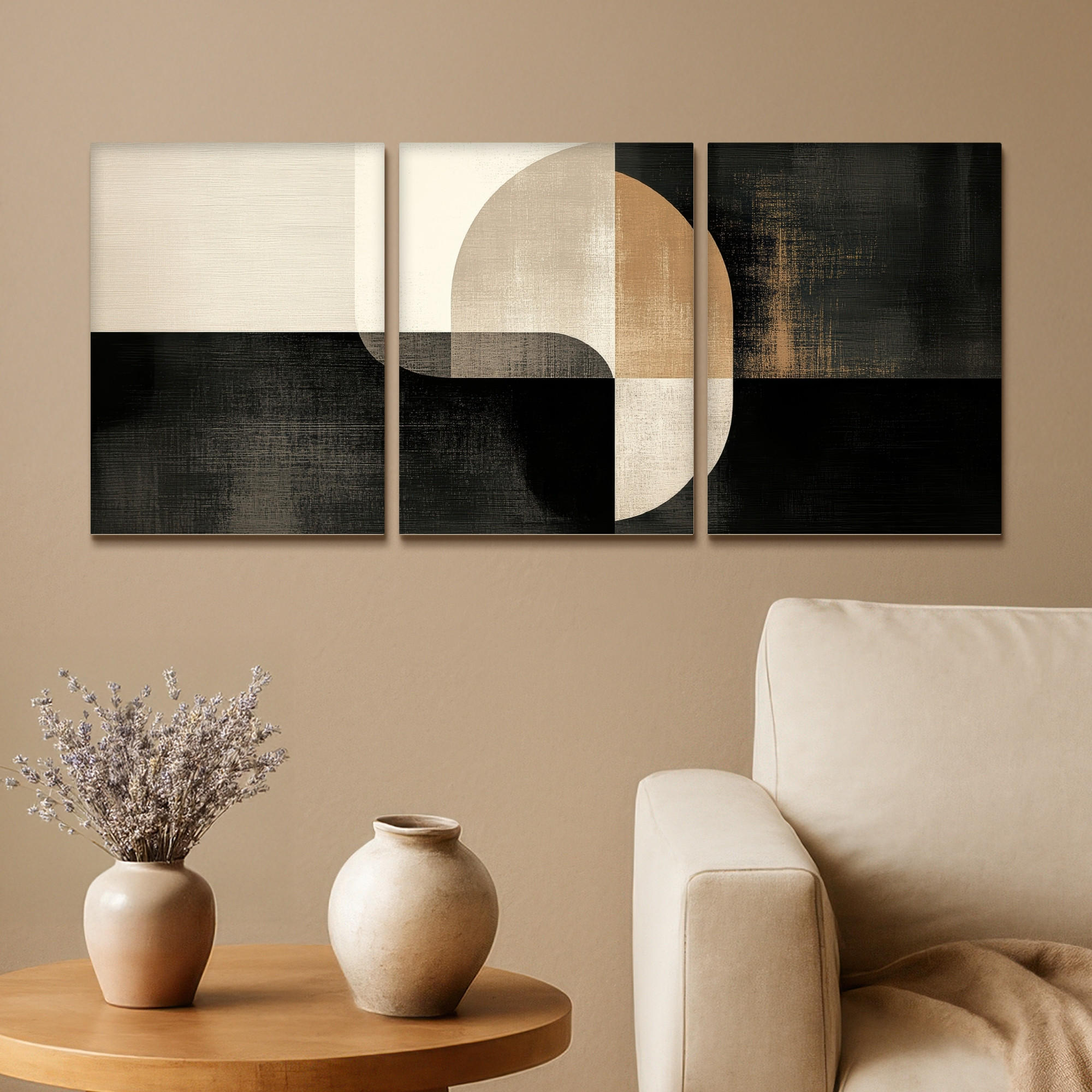 LEINWANDBILD 3er Set Formen - Abstrakt - Gold 90x40 cm - Schwarz, Textil (90/40cm) - MuchoWow