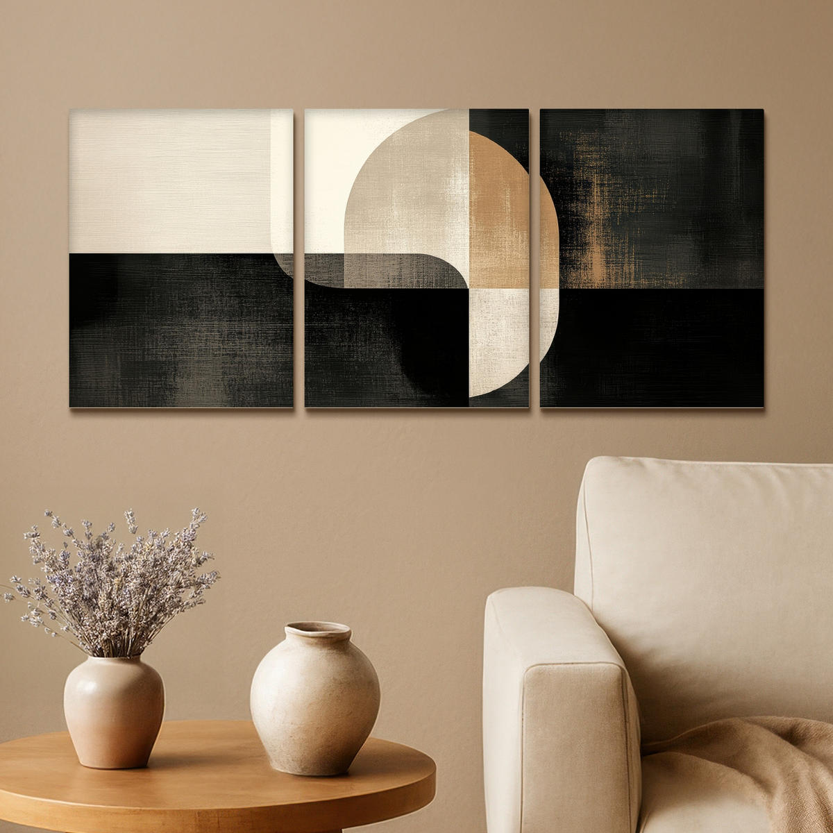 LEINWANDBILD 3er Set Formen - Abstrakt - Gold 90x40 cm - Schwarz, Textil (90/40cm) - MuchoWow