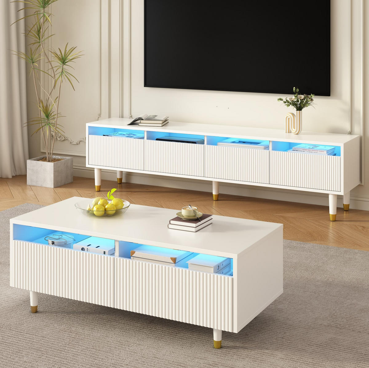 LOWBOARD 178/35/45 cm und 110/50/40 cm Weiß aus MDF mit LED-Beleuchtung - Weiß, Holzwerkstoff (35/45/178cm) - OKMYHOME