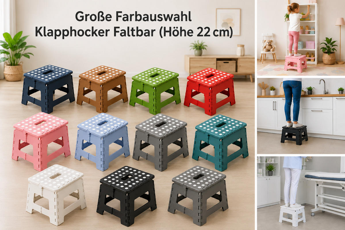 KLAPPHOCKER faltbar mit Anti-Rutsch Beschichtung, Tritthocker H 22 cm bis 150 KG belastbar, Rot - Rot, Paraffin (21.5/22/28.5cm)