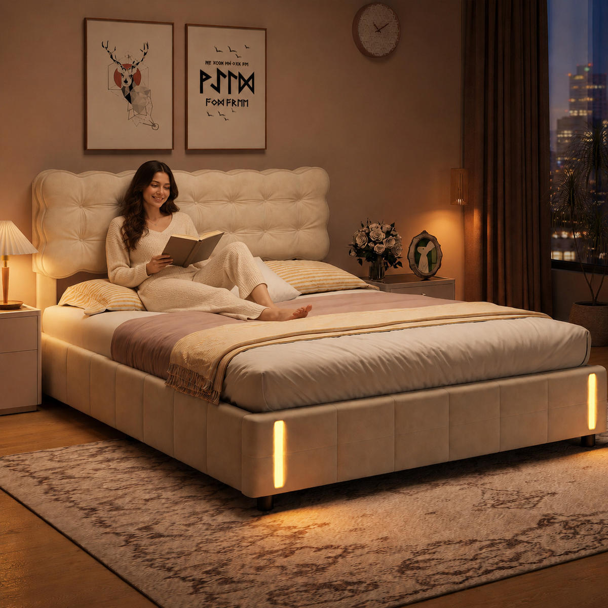 POLSTERBETT 140/190 cm Beige Samt mit LED & Gestepptem Kopfteil - Beige, Holz/Metall (140/190cm) - Joyfair