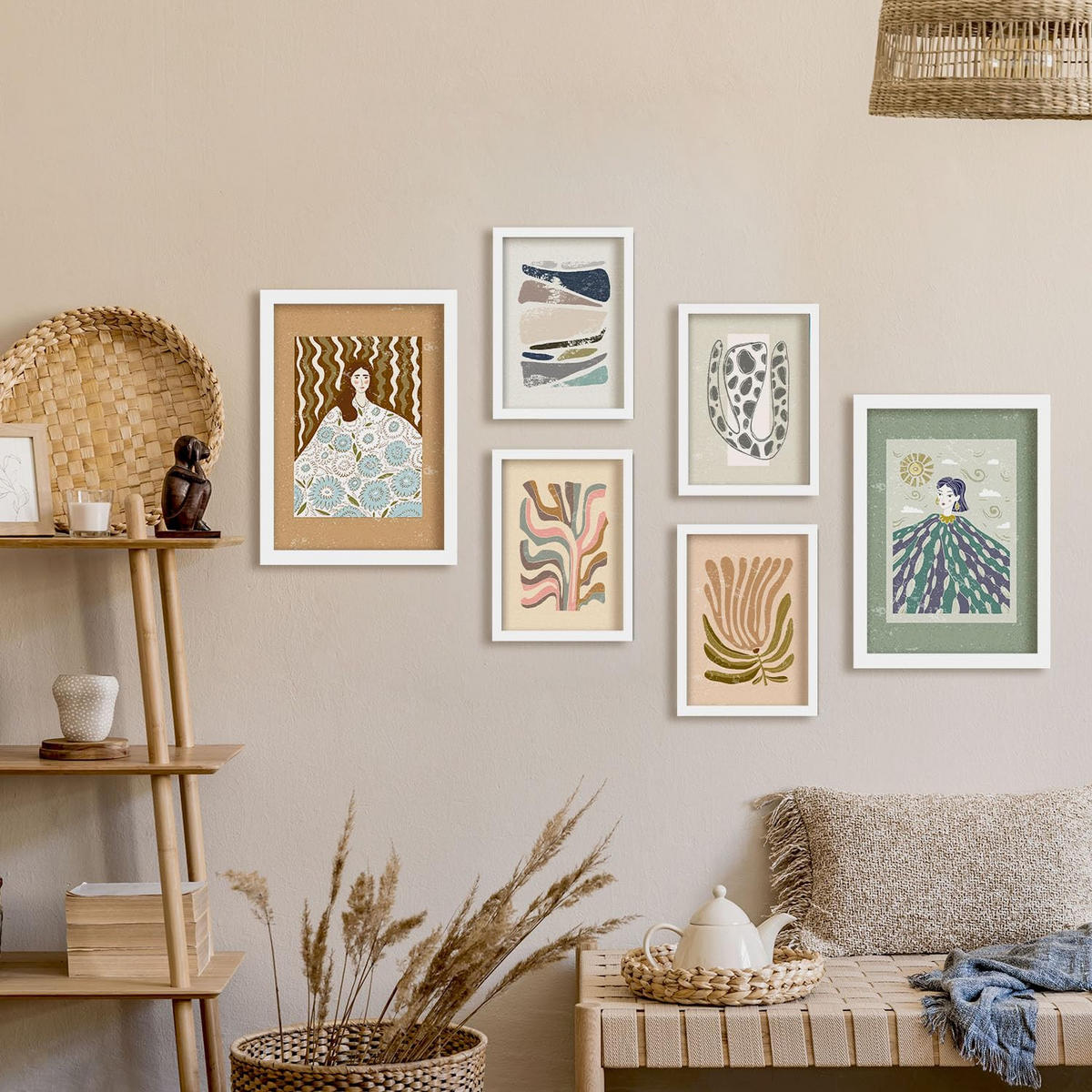 POSTER Set Mit 6 Drucken Von Mutter Natur In Ethnischer Dekorative Rahmen Für Ihr Wohnzimmer Schlafzimmer Zuhause Wandkunstdruck A3 & A4 Weißer Rahmen - Weiß, Papier (29/3cm) - Nacnic