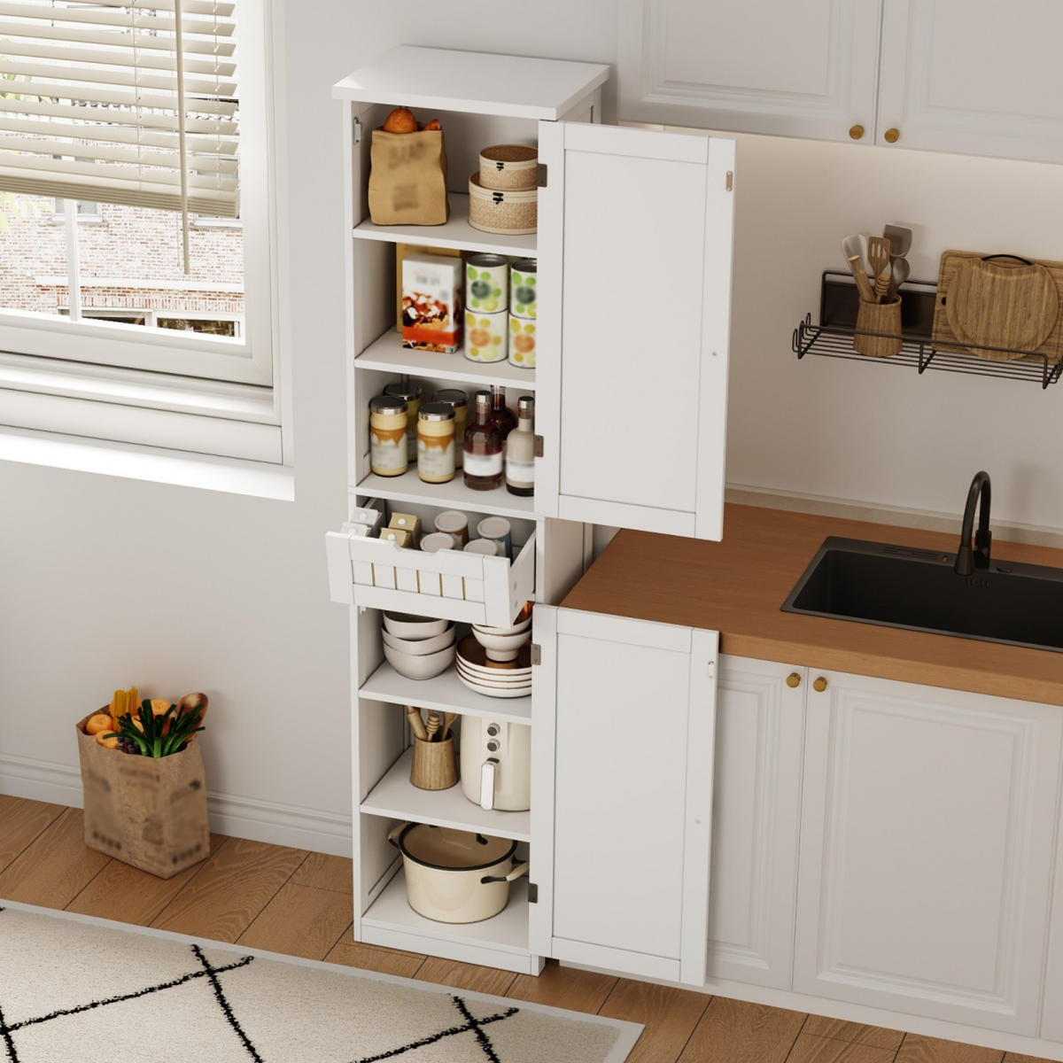 GESCHIRRSCHRANK 170 cm MDF Weiß mit 2 Türen und Retro-Gitterdesign - Weiß, Holzwerkstoff (30/170/40cm) - Korfee