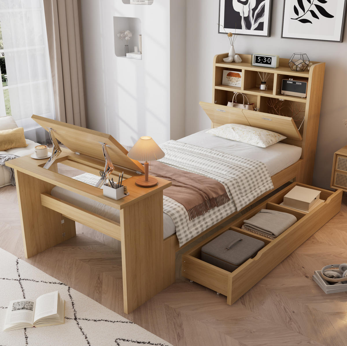 EINZELBETT 90/200 cm Natur mit Bettkasten und Klapptisch ohne Matratze - Naturfarben, Holz (90/200cm) - MIVRAY