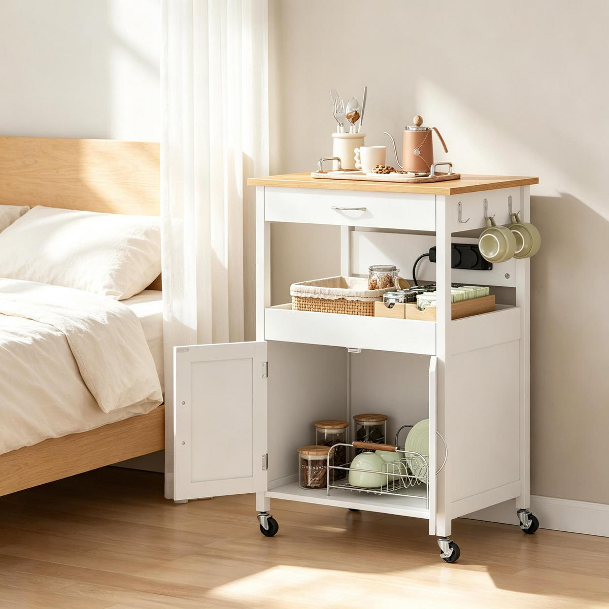 SERVIERWAGEN DE-41502 60/45/92 cm, Steckdosen und Schublade Bambus/Weiß - Weiß, Holzwerkstoff (60/92/45cm) - ComfortXL