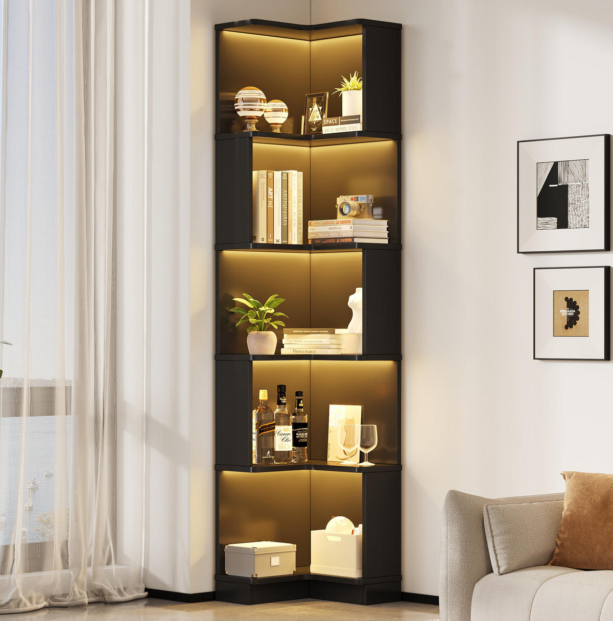 ECKBÜCHERREGAL mit LED-Lichtleiste 63,5 x 45 x 175 cm MDF Schwarz - Schwarz, Holzwerkstoff (45/175/63.5cm) - Beauniv