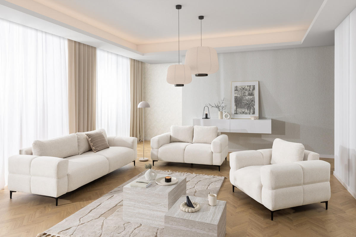 3-SITZER-SOFA Cardea in Bubble-Optik aus weichem Creme Strukturstoff mit hohem Sitzkomfort - Creme/Schwarz, Holz/Textil (217/80/97cm) - S-Style Möbel