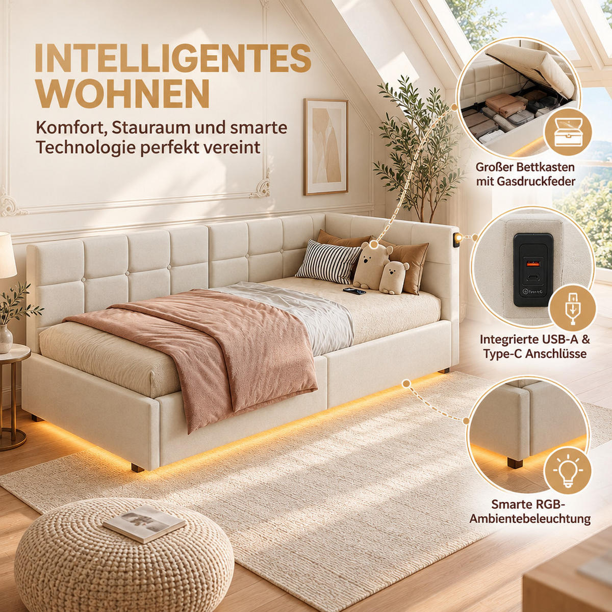 TAGESBETT 90/200 cm in Beige mit LED, Stauraum & USB-Ladestation - Beige, Holz/Metall (90/200cm) - PARAFTA HOME