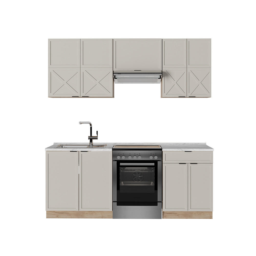KÜCHENZEILE Fame-Line GrauBeige/Goldkraft Eiche 200 cm, AP Marmor - Honigeiche/Grau, Holzwerkstoff (200/81.6/60cm) - Vicco