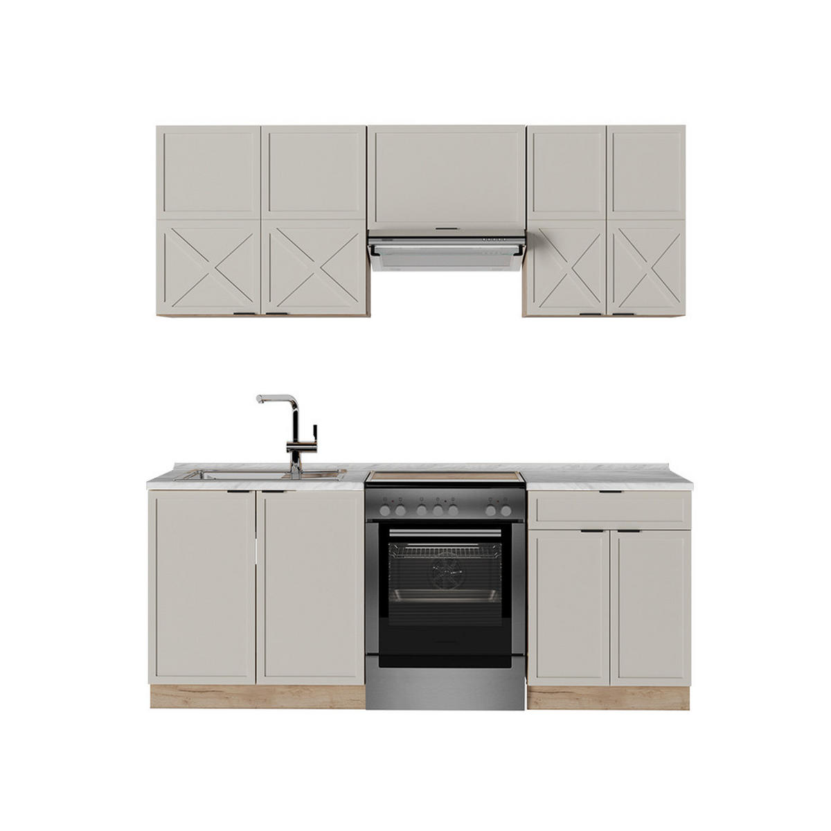 KÜCHENZEILE Fame-Line GrauBeige/Goldkraft Eiche 200 cm, AP Marmor - Honigeiche/Grau, Holzwerkstoff (200/81.6/60cm) - Vicco