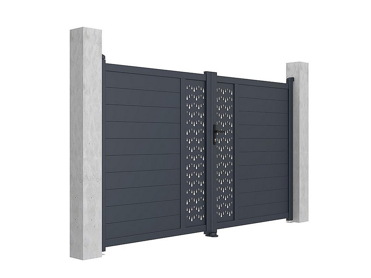 GARTENTOR Flügeltor mit Torantrieb - 305 x 181 cm - Aluminium - Halbvoll mit Muster - Anthrazit - GREGOR - Anthrazit, Metall (300/176cm) - Vente-Unique