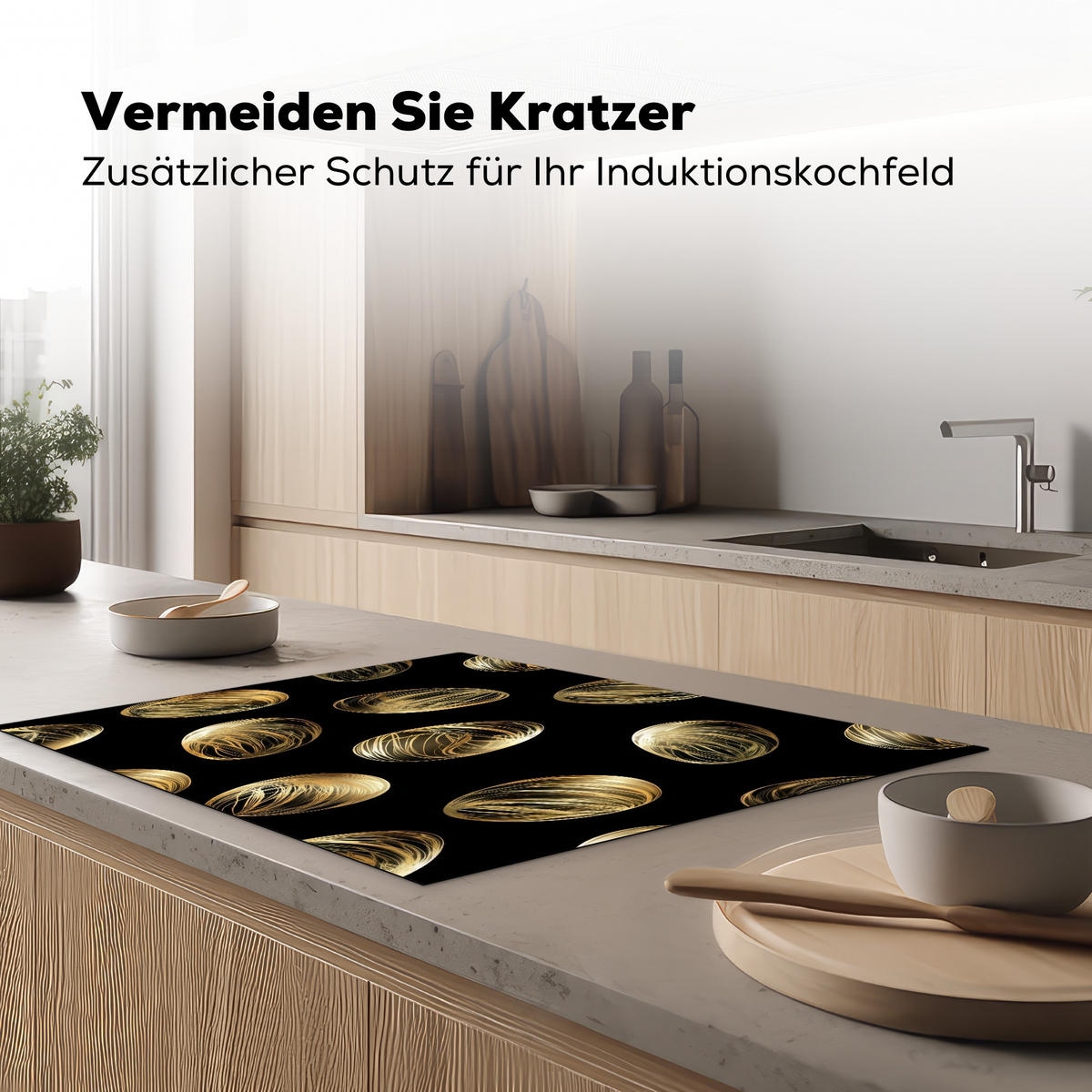HERDABDECKPLATTE Eier - Gold - Muster Induktionsmatte 77x59 cm - Schwarz, Kunststoff (77/59/0.2cm) - MuchoWow