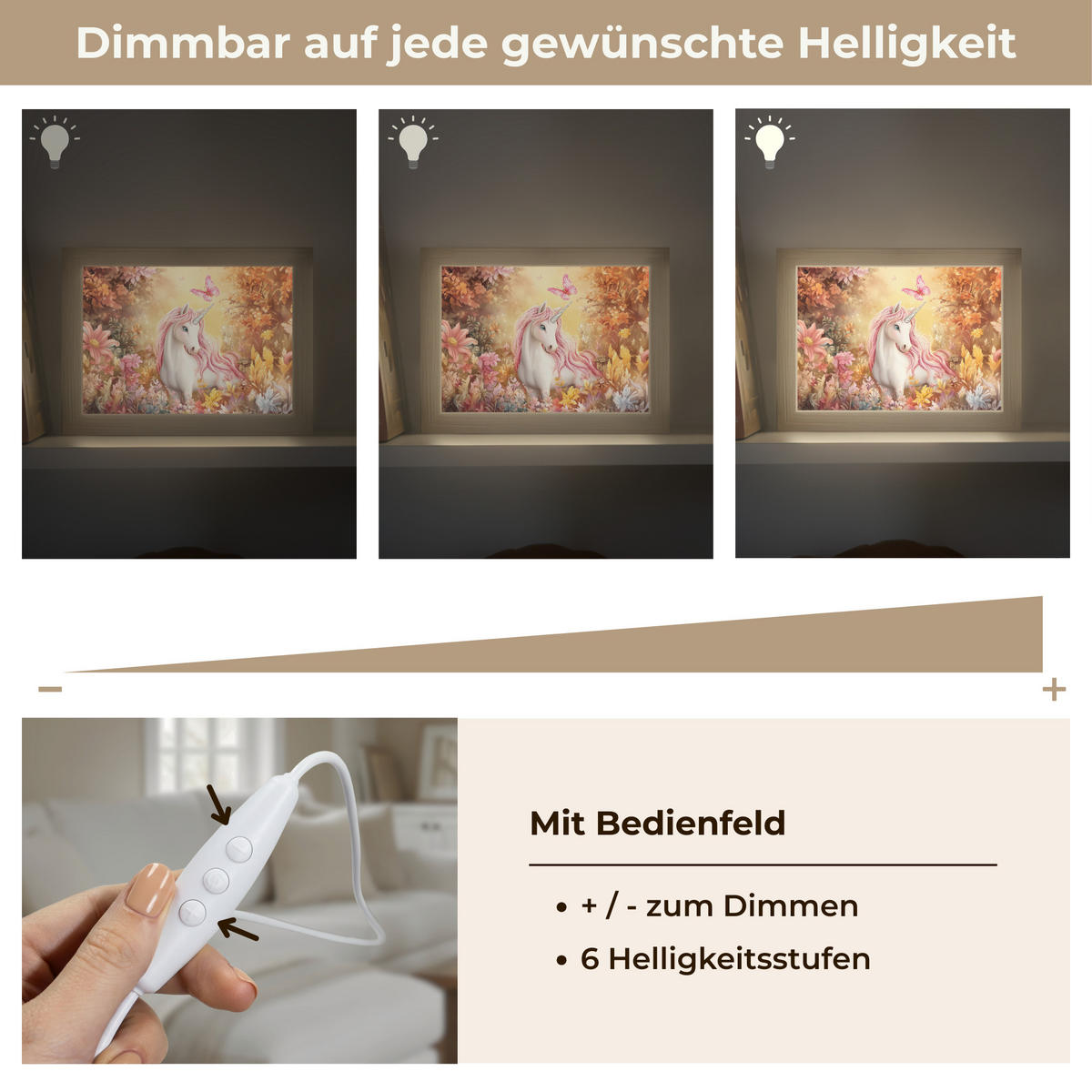 NÁSTĚNNÁ LAMPA Jednorožec - Květiny - Motýl - Růžová 20x15 cm - béžová, kompozitní dřevo (20/15/8cm) - OnlyWow