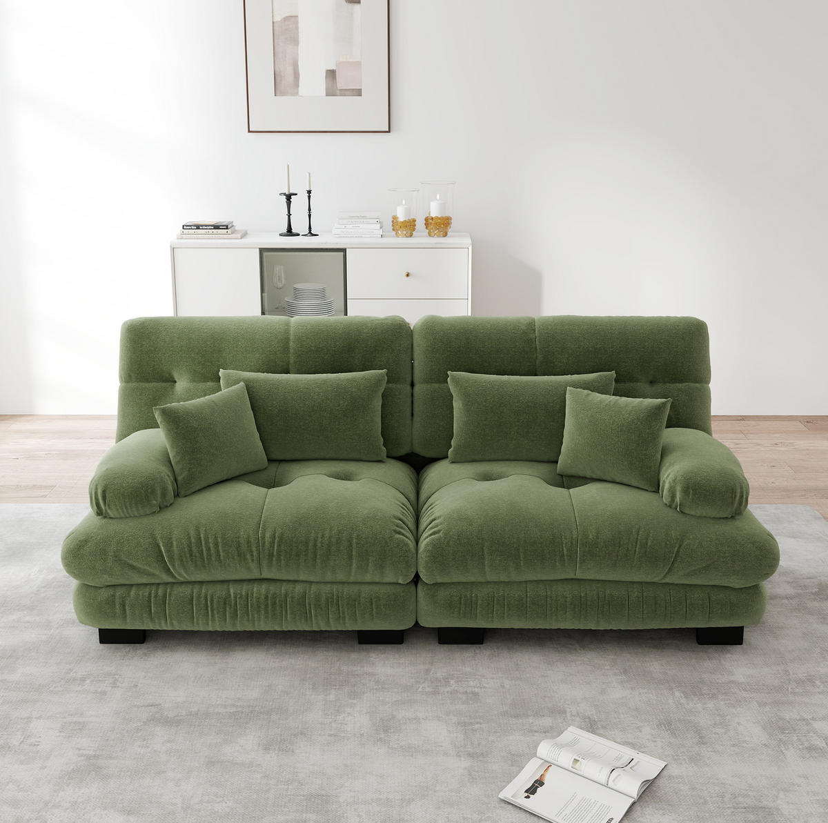 ECKSOFA 220/77/81 cm grün aus Chenille mit modularem Design und Kissen - Grün, Textil (77/220cm) - OKWISH
