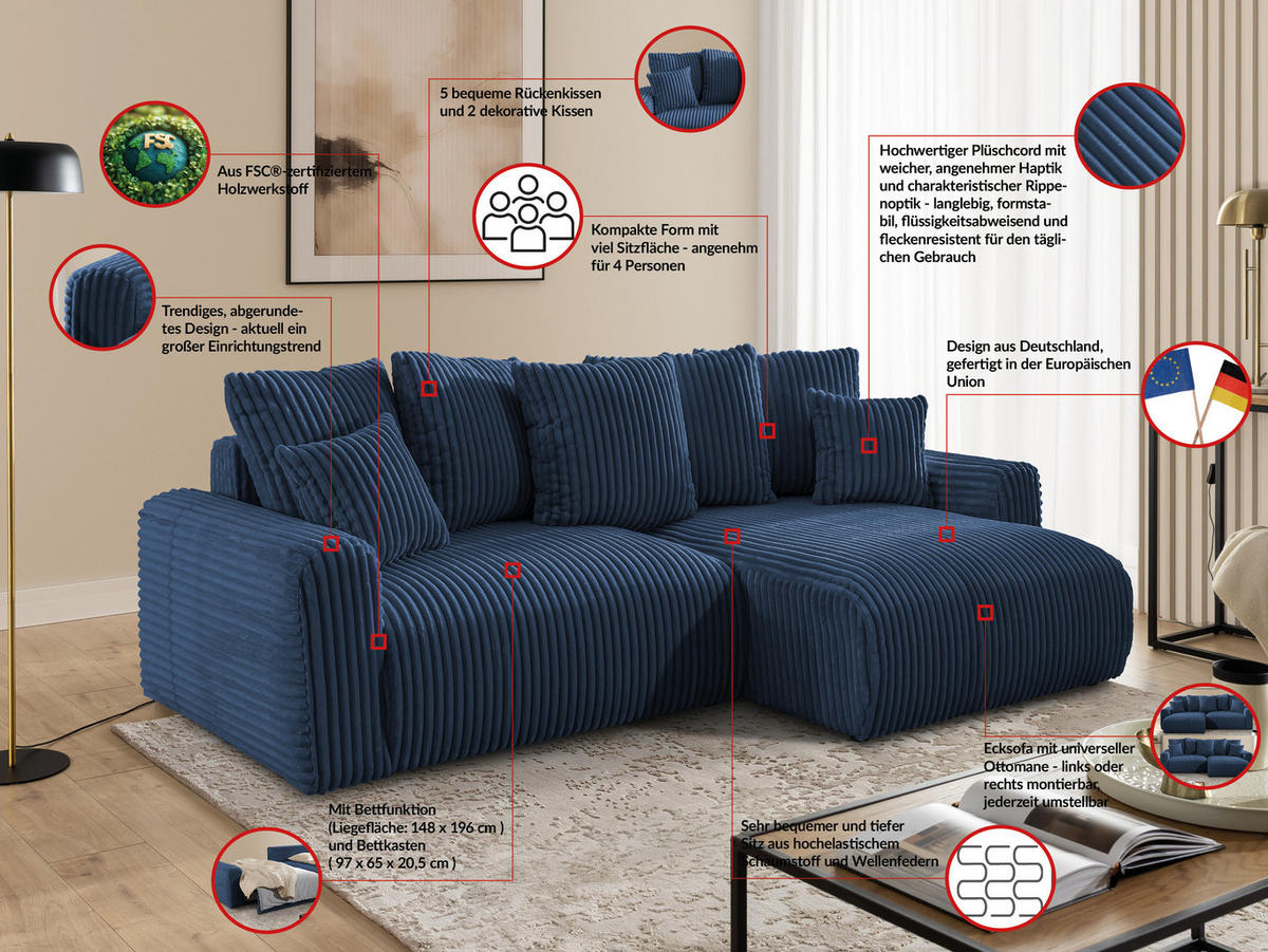 ECKSOFA Calma mit Schlaffunktion und Bettkasten im Bumpy-Design aus weichem Marineblau Plüschcord - Ottomane rechts - Blau/Schwarz, Holz/Kunststoff (140/239cm) - S-Style