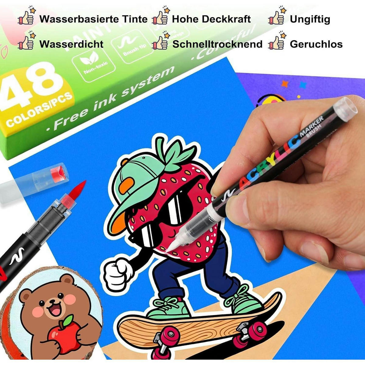 ACRYLSTIFTE 48er Set mit 1-5mm Pinselspitze wasserfest - Multicolor, Kunststoff (13/13/13cm)