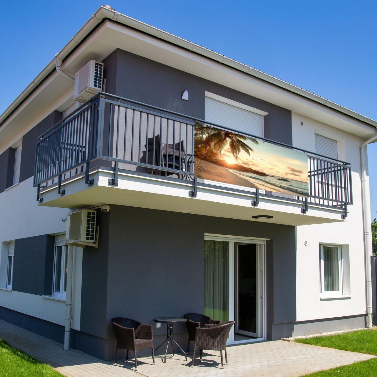 BALKON-SICHTSCHUTZ Strand - Palmen - Meer - Sonnenuntergang 300x130 cm - Samtahornfarben, Kunststoff (300/130cm) - MuchoWow
