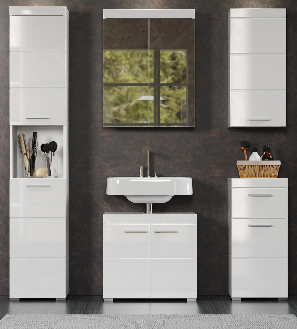 BADMÖBEL-SET weiß Hochglanz 5-teilig 163 x 190 cm, Badkombination in modernem Design - Weiß, Glas/Holzwerkstoff (163/190/34cm) - Top.Furn