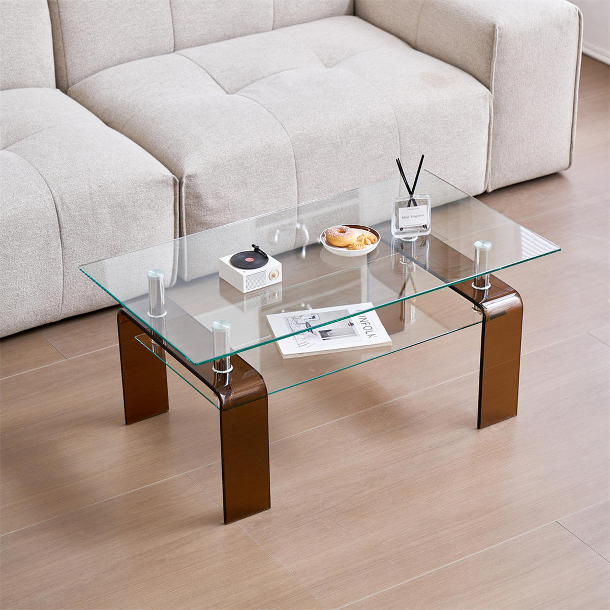 COUCHTISCH Transparent/Braun Sicherheitsglas mit Glasbeinen - Transparent/Braun, Glas/Metall (100/55/45cm)