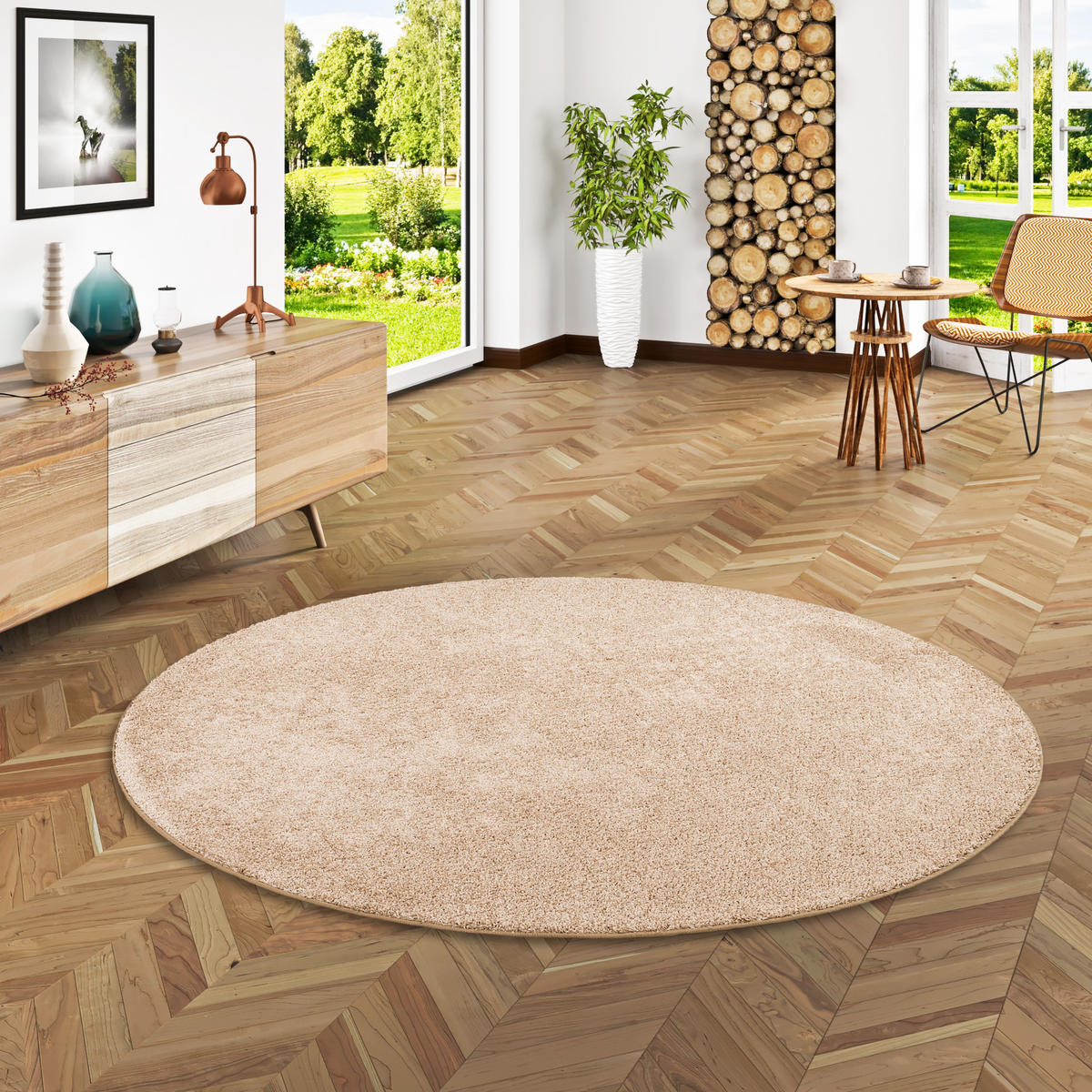 HOCHFLOR VELOURS TEPPICH MONA RUND - Naturfarben, Textil (100/100cm) - Snapstyle