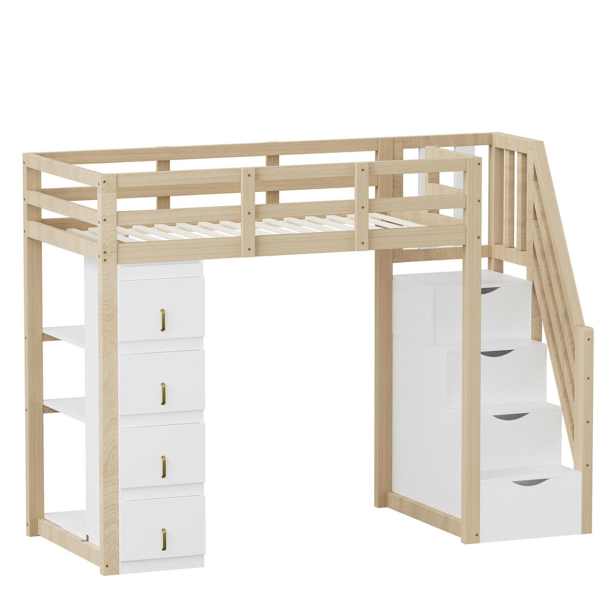 KATNI krevet od borovine 90x200 cm boja prirodnog drva s 4 ladice, policama i sigurnosnim ljestvama - bijela, drvni materijal (90/200cm) - Modfu