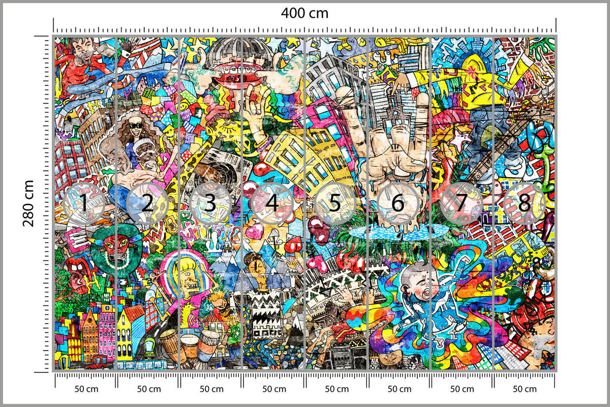 FOTOTAPETE für Jugendzimmer Buntes Graffiti Streetart Bunt 400x280 - Türkis/Gelb, Papier (400/280cm) - Muralo