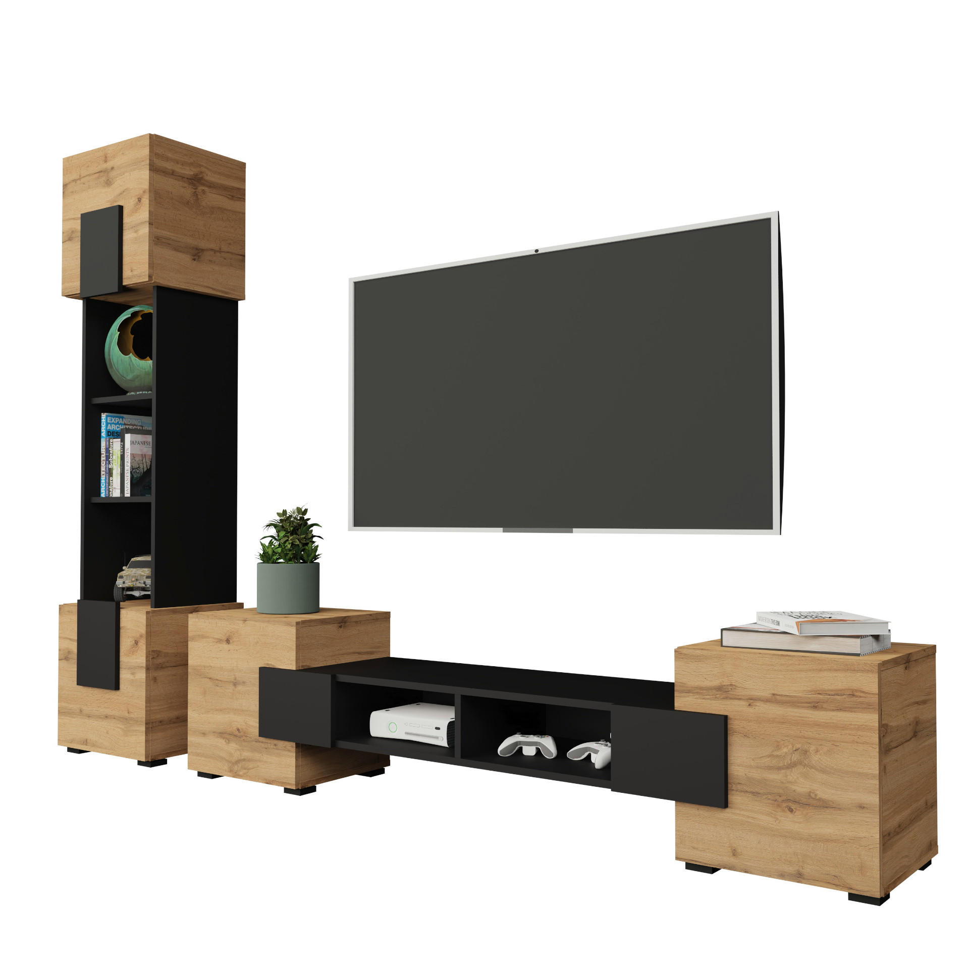 WOHNWAND TORINO Hängend + Stehend, 2-er Set, Mattes Finish, Schwarz + + Eiche Wotan - Eiche Wotan/Schwarz, Holzwerkstoff/Kunststoff (220/172/35cm) - Komodee