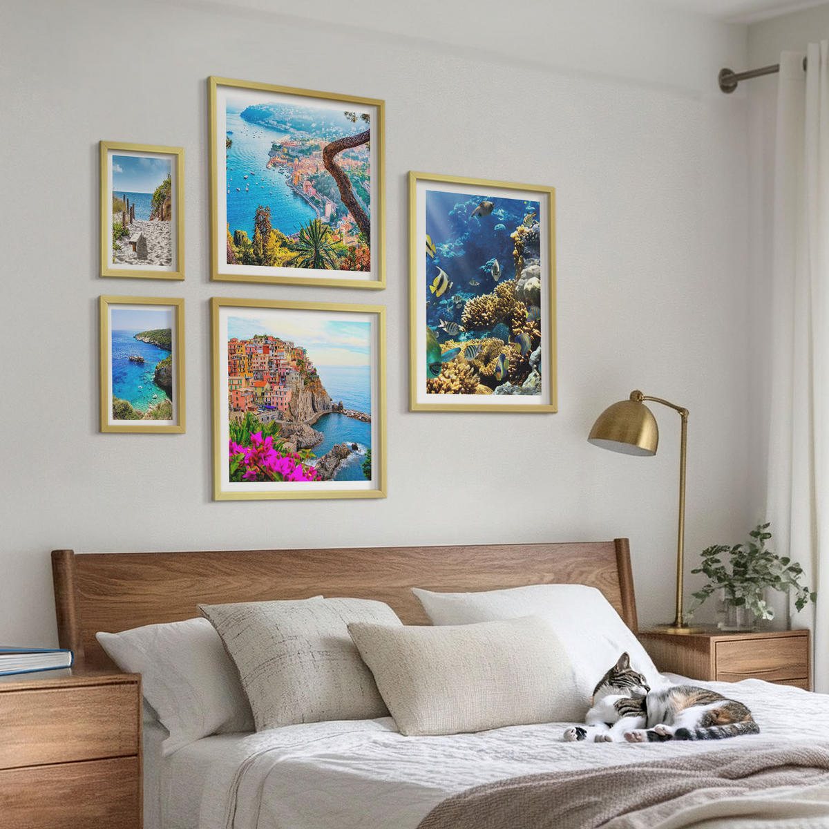 BILDER SET 5er Set - 50x50 cm & 20x30 cm & 40x60 cm Goldrahmen - Berglandschaften im Hintergrund - Goldfarben, Kunststoff (40/60cm) - TULUP