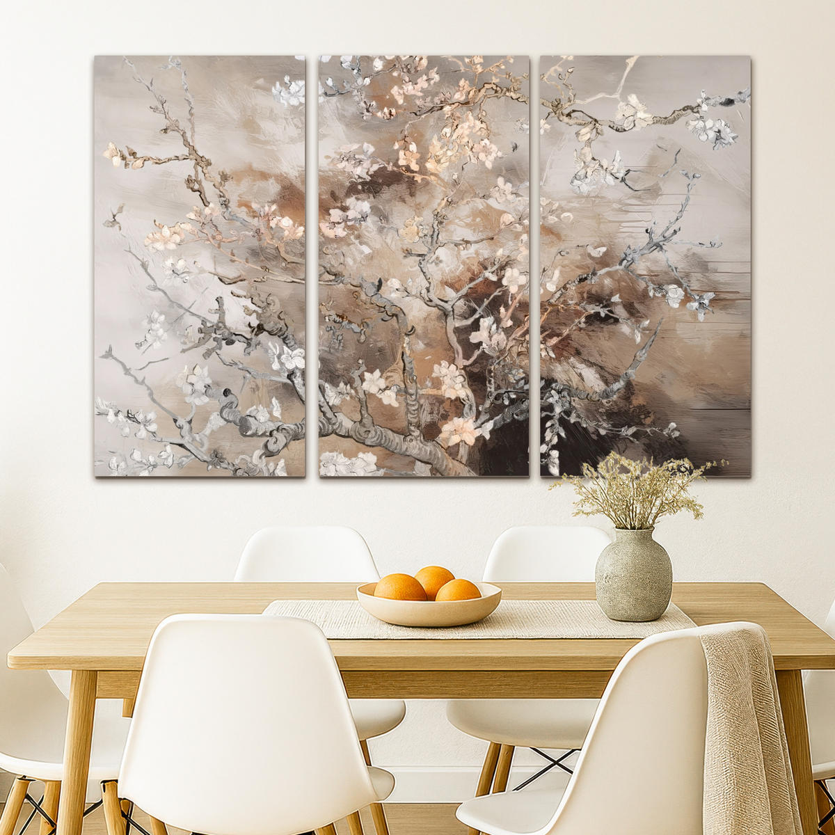 LEINWANDBILD 3er Set Mandelblüte - Abstrakt - Beige 120x80 cm - Beige, Textil (120/80cm) - MuchoWow